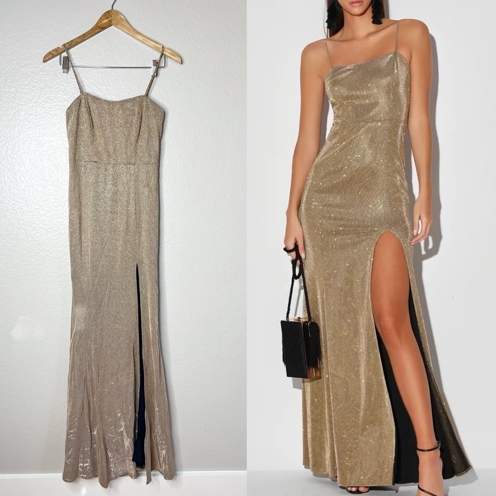 Lulus Searching For You Metallic Gold Glitter Mermaid Maxi Dress